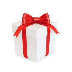 White gift box with a red ribbon isolated on white 
