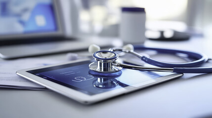 Close up of stethoscope on tablet displaying health data, conveying care