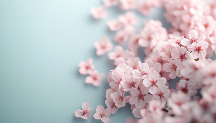 Fototapeta premium Delicate pink cherry blossoms on a soft blue background.