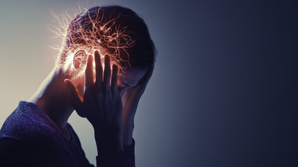 person holding their head in pain, expressing distress and discomfort