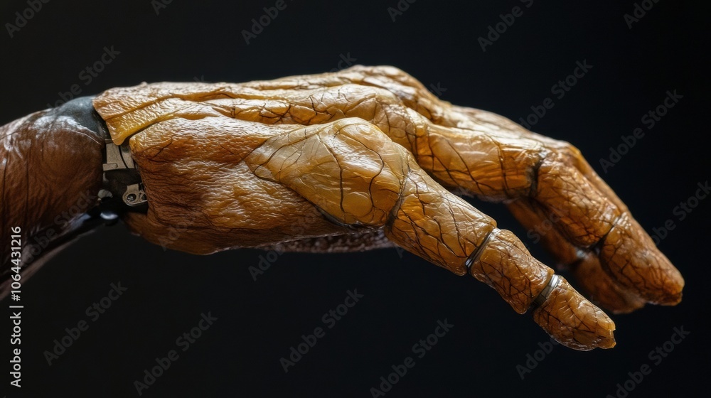 Poster a detailed close-up of a prosthetic hand featuring realistic skin-like material, highlighting the in