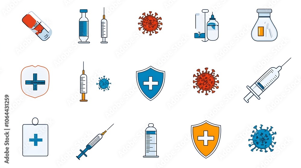 Poster of healthcare and vaccine awareness icons featuring a shield symbol representing immunity a syringe 