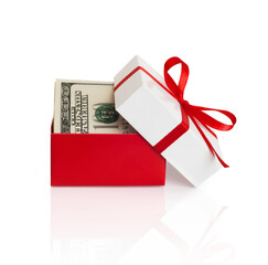 Red gift box with dollar bills, money gift presentation
