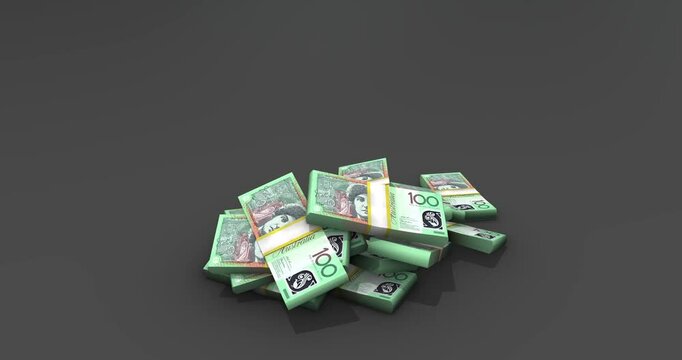 Australian dollar bill banknote Falling  droop on floor black backround, 4k animation footage 3d rendering