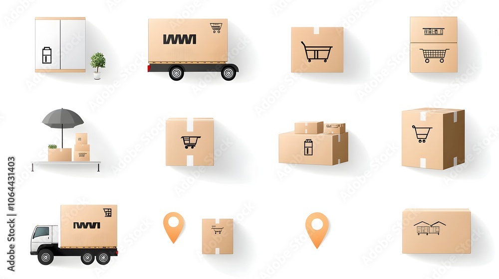 Poster of delivery truck icons with symbols of fast cargo boxes and location pins on a clean white backgrou
