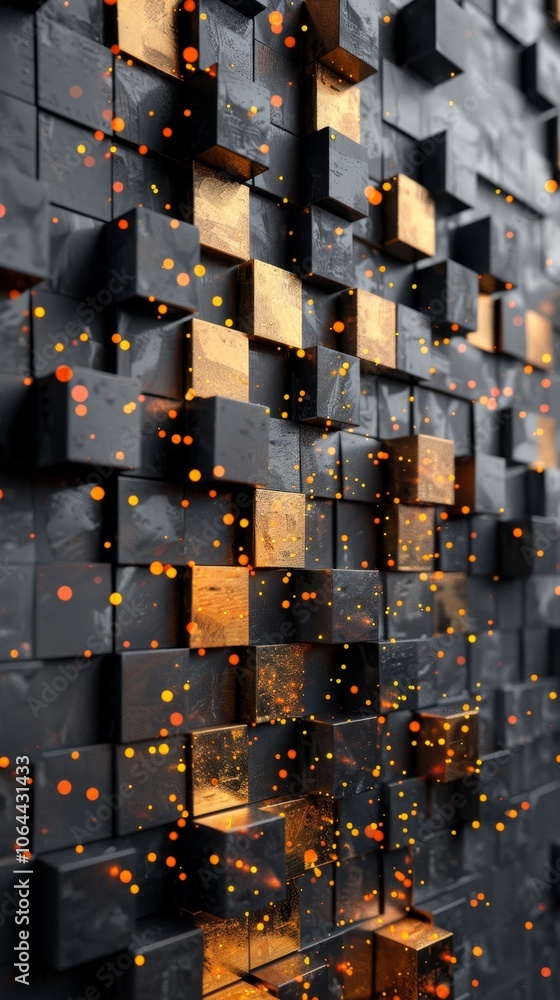Poster vibrant chaos of golden and black 3d cubes creating an abstract texture, showcasing dynamic movement