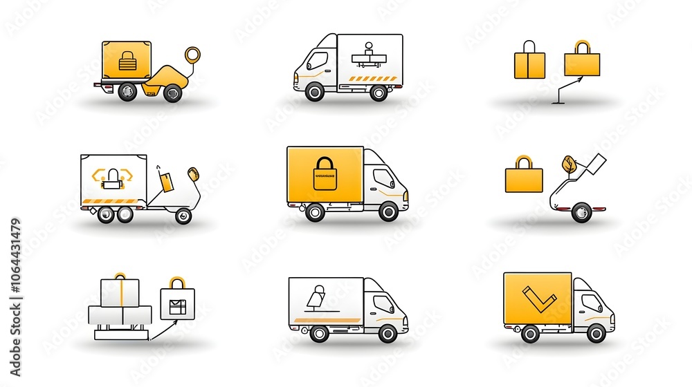 Poster Delivery truck icons with express shipping fast delivery and package handling symbols on a clean white background  Concept of transportation logistics ecommerce freight delivery courier