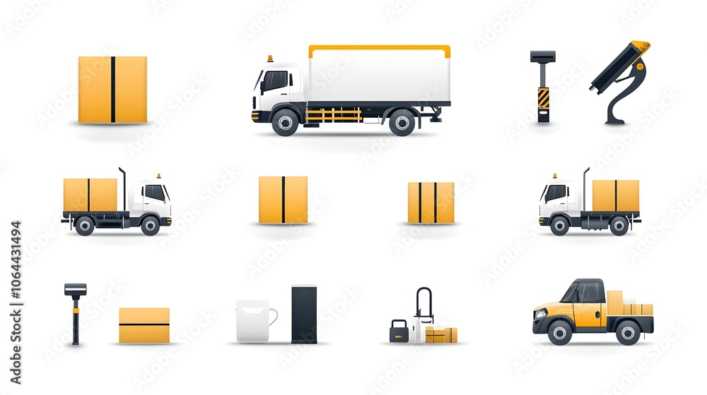 Poster of delivery truck icons with express shipping fast delivery and package handling symbols on a clean 