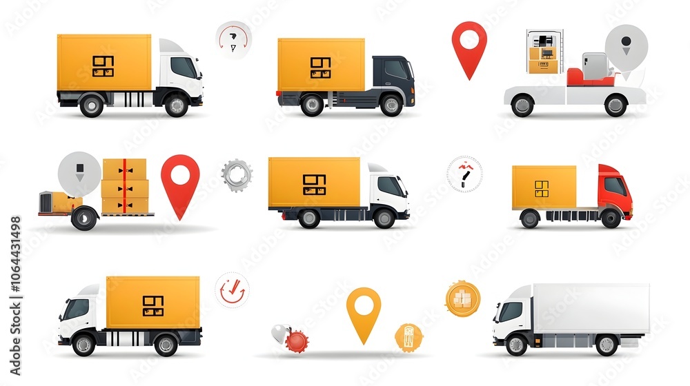 Poster set of logistics icons including delivery trucks shipping symbols and tracking pins on a clean white