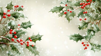 Snowy Holly with Red Berries and White Snowflakes