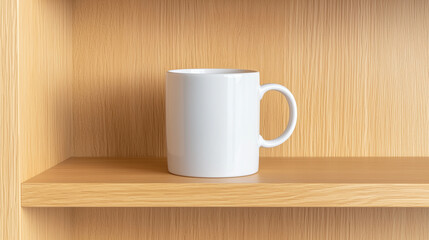Wooden shelf with simple white mug