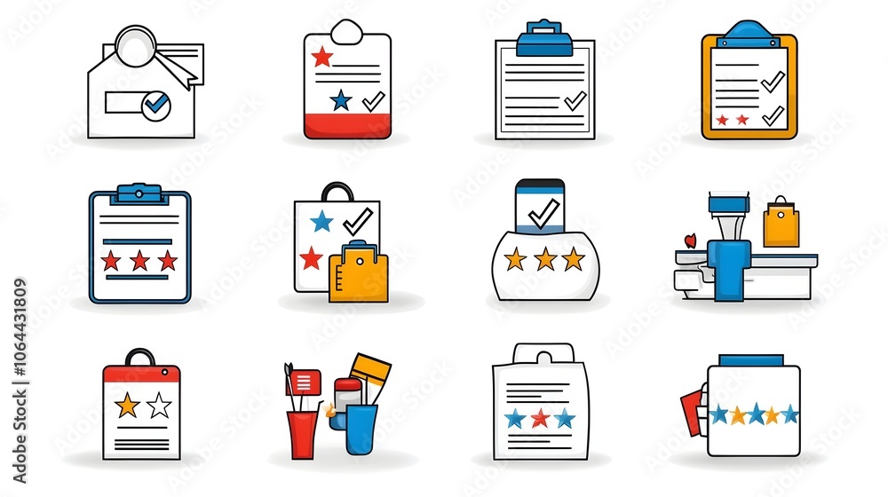 Leinwandbilder icons representing survey and feedback tools including questionnaire rating stars clipboards and oth