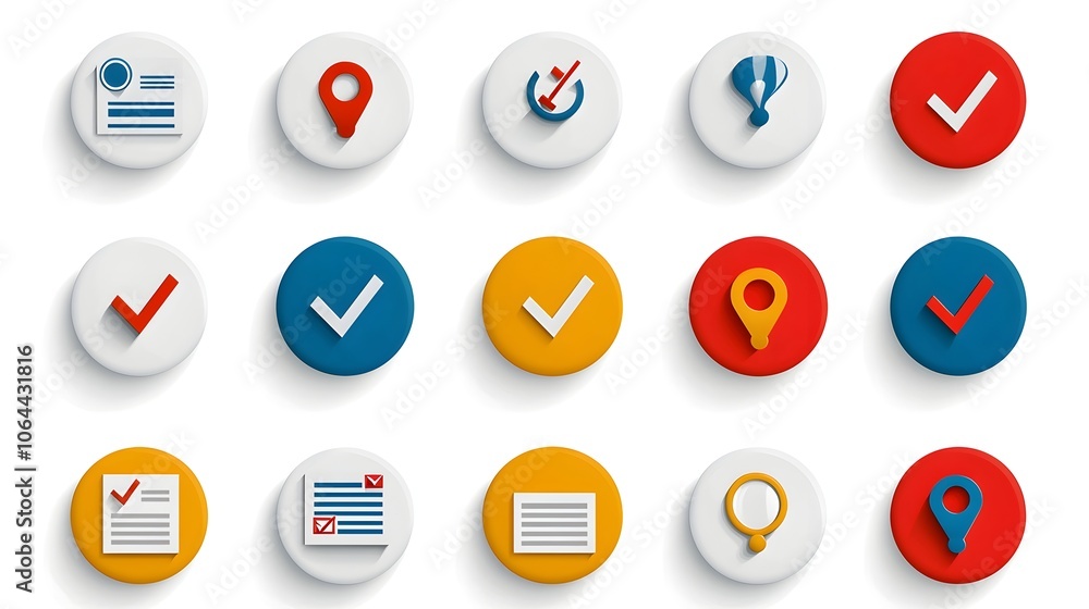 Poster Icon set with various survey and questionnaire related elements such as checkboxes forms and question symbols displayed on a clean white background  This can be used for user interface web design