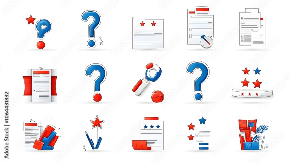 Fototapete Comprehensive set of survey related icons including question marks rating stars and completed forms arranged on a clean white background  This graphic can be used for data analysis customer feedback