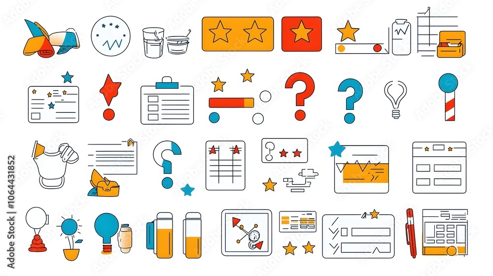 Aufkleber Comprehensive collection of survey themed icons including question marks rating stars and completed forms on a clean white background  This set of graphics is perfect for data visualization