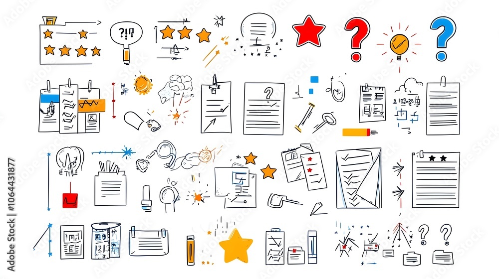 Poster Collection of survey themed icons featuring question marks rating stars and completed forms on a clean white background  These represent market research customer feedback data analysis