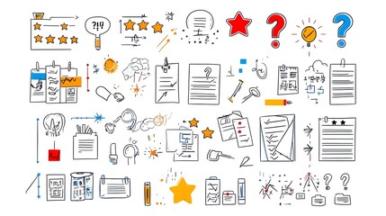 Naklejka premium Collection of survey themed icons featuring question marks rating stars and completed forms on a clean white background These represent market research customer feedback data analysis