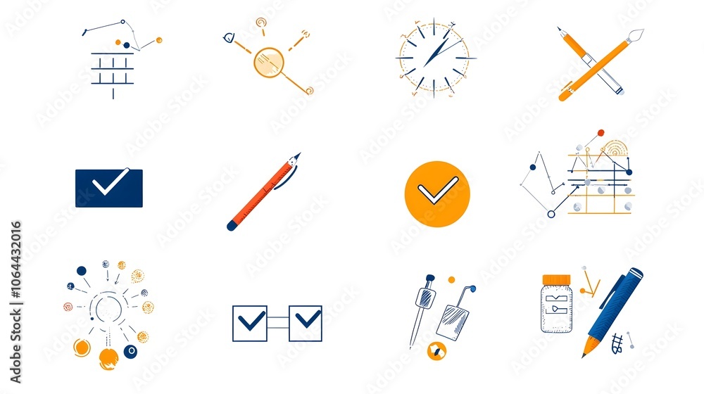 Poster of various survey icons and symbols for feedback forms checkboxes and data analysis tools on a clean white background  Concept for assurance user experience research and business management
