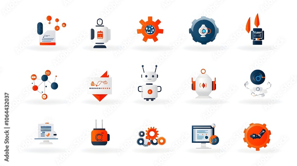 Fototapete icons representing robotic process automation RPA with symbols of robots gears and automated tasks on a clean white background  Illustrating the concepts of technology software machine intelligence