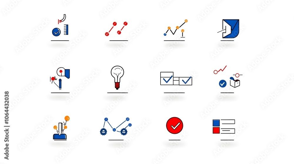 Aufkleber featuring a collection of survey icons and symbols designed for feedback forms checkboxes and analysis tools  The image showcases a clean