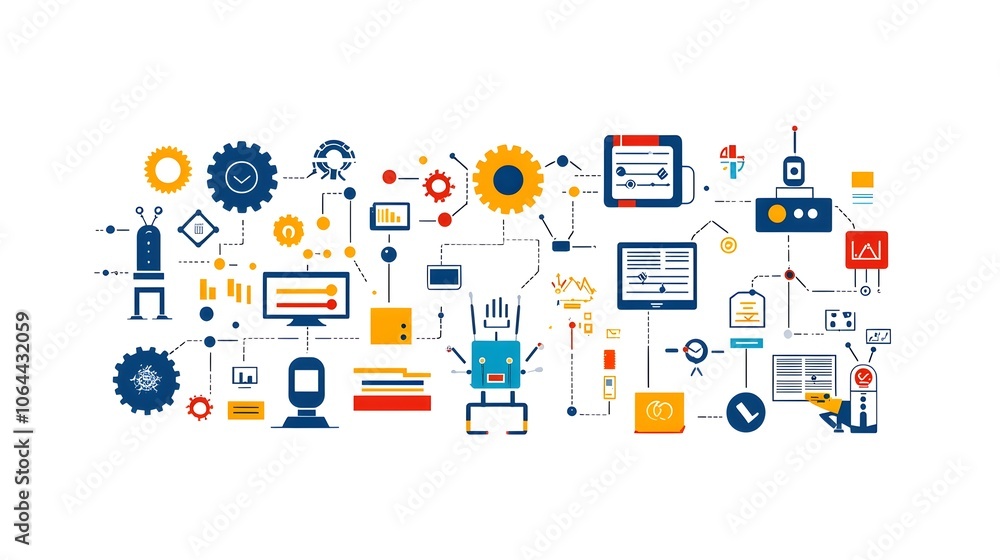 Poster icons representing robotic process automation RPA with various symbols including robots gears and automated tasks set against a clean white background  Conceptual for digital transformation