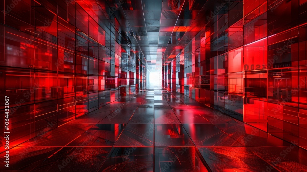 Poster a vivid 3d rendered background showcasing a chaotic corridor illuminated by red tones, creating an e