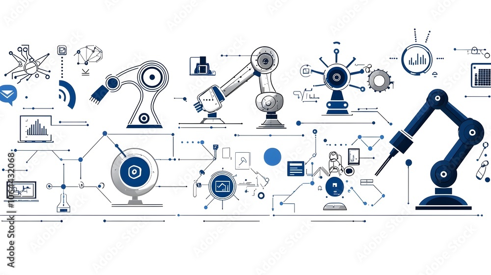 Aufkleber Collection of robotic process automation icons including robot arms workflow automation symbols and graphics on a white background