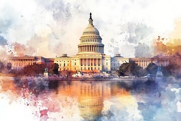 Watercolor sketch or illustration of a beautiful view of the US Capitol building in Washington DC in the USA.