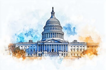 Watercolor sketch or illustration of a beautiful view of the US Capitol building in Washington DC in the USA.