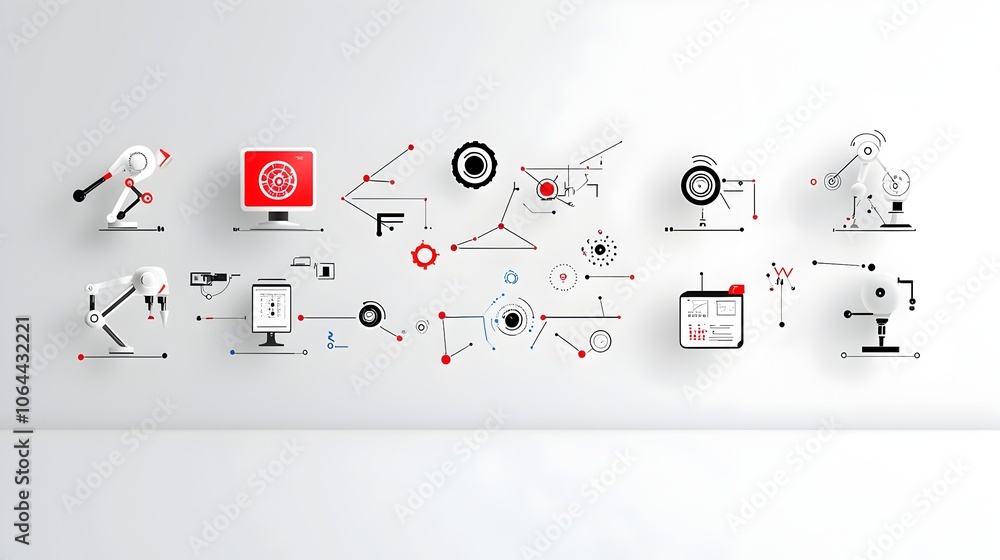 Leinwandbilder Robotic Process Automation Symbols and Icons Representing Algorithms Data Processing and Robots on a White Background  Digital Transformation and Workflow Optimization Concept