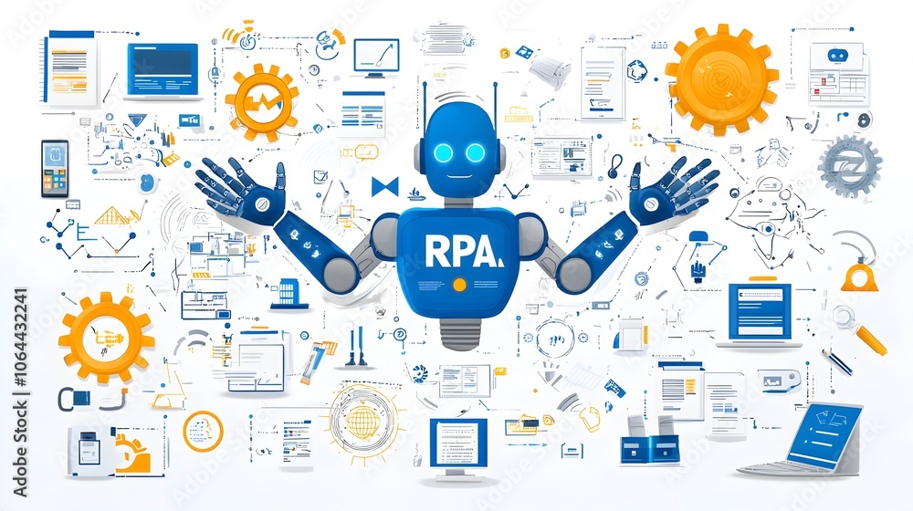 Poster depicting robotic hands workflow automation processes and gears on a clean white background  Showcasing technology digital innovation and efficiency in modern business and industrial applications