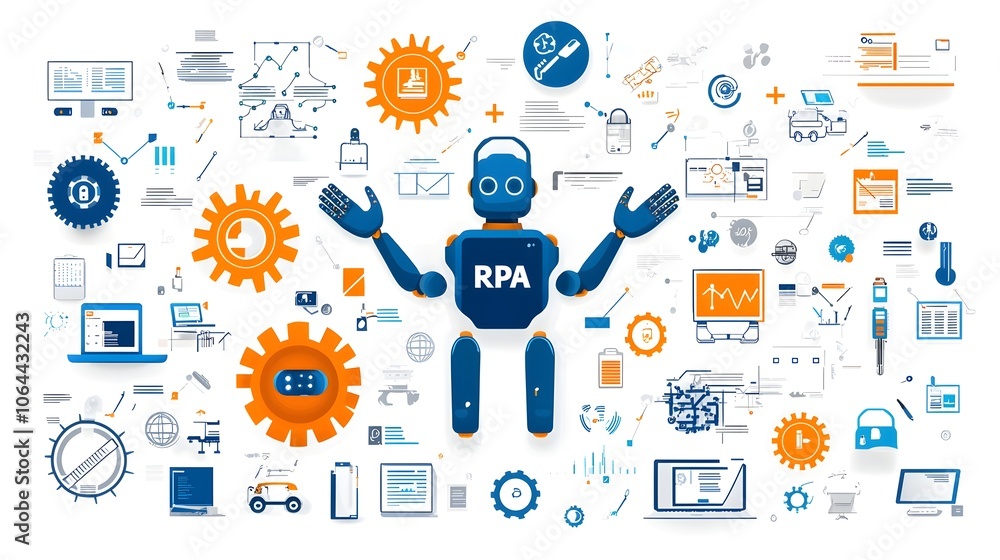 Fototapete depicting robotic process automation RPA concepts including robotic hands workflow automation and gears on a clean white background