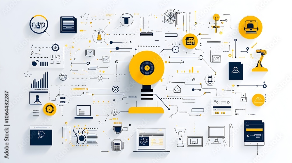 Aufkleber A collection of icons representing robotic automation technologies including digital workflows AI processing and automation bots all set against a clean white background
