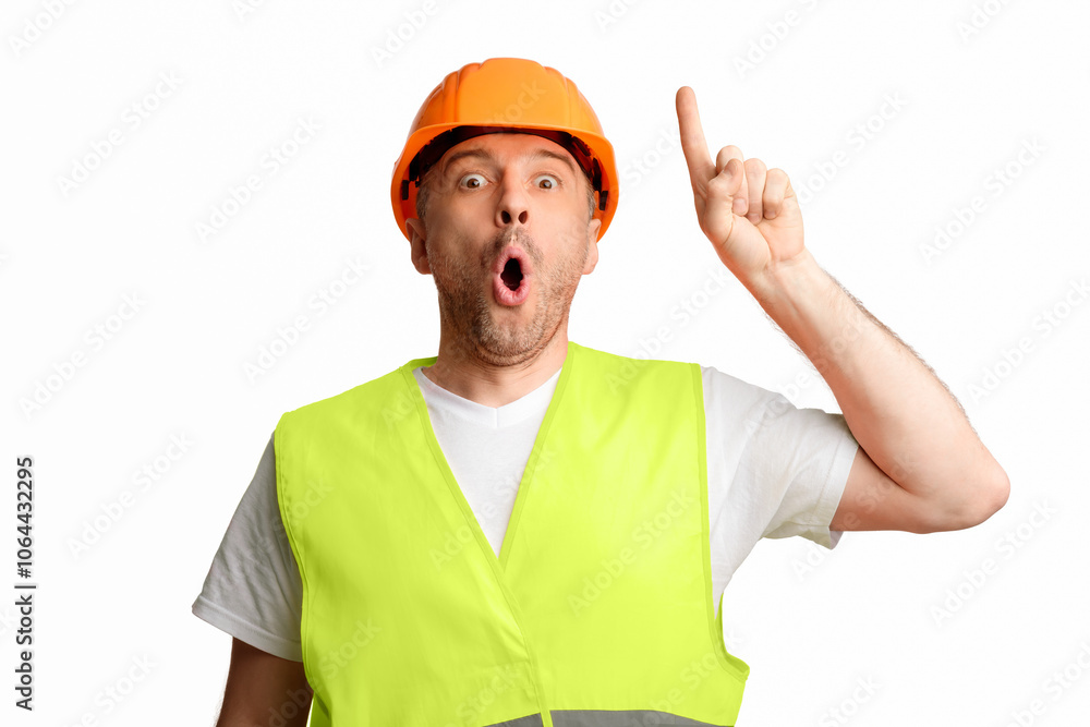 Poster great idea. black builder worker pointing finger up having plan posing on white studio background. p