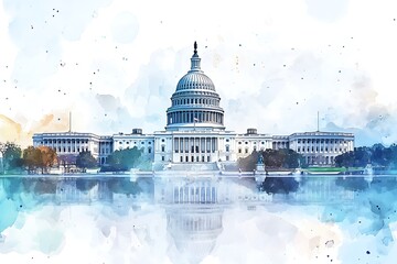 Fototapeta premium Watercolor sketch or illustration of a beautiful view of the US Capitol building in Washington DC in the USA.
