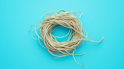 Piece of old fishing rope on a clean blue background, symbolizing ocean waste with a minimalist, focused composition