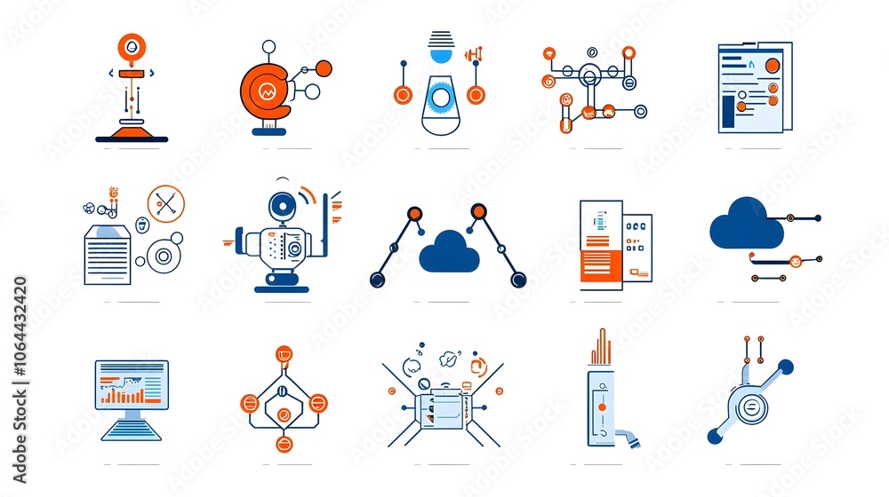 Aufkleber Robotic Process Automation Concept with Icons and Symbols of Bots Cloud Computing and Data Analysis Visualized on a Clean White Background