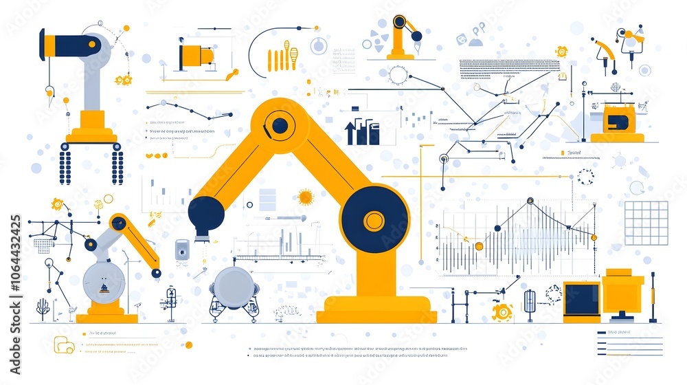 Aufkleber Collection of Robotic Process Automation Symbols Featuring Automation Tasks Workflow Charts and Robot Icons on a Digital Background for Business Intelligence and Process Optimization