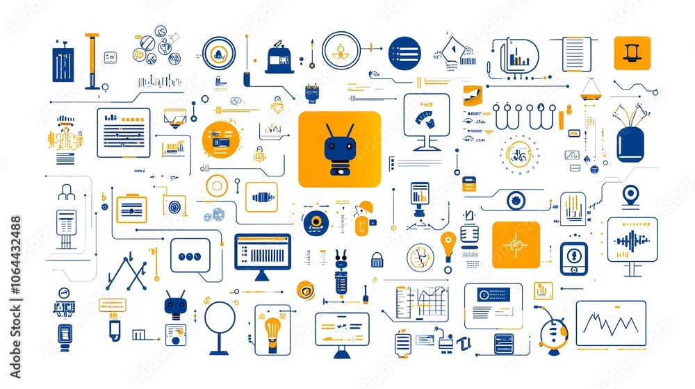 Poster Robotic Automation Icons with Symbols of Process Flow Data Management and Digital Bots on a Clean White Background  Technology Machine Learning and Futuristic Digital Transformation Concept