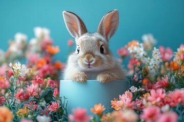 Fototapeta premium Adorable bunny among vibrant spring flowers for easter celebration card design