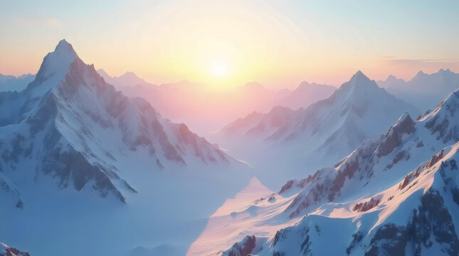 snowy mountains at sunrise, with jagged peaks in the foreground and layers of mountain ranges in the distance
