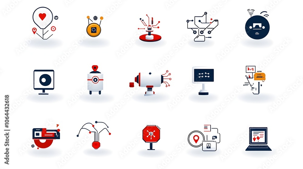 Aufkleber Robotic Automation Icons with Symbols of Process Flow Data Management and Digital Bots on a White Background