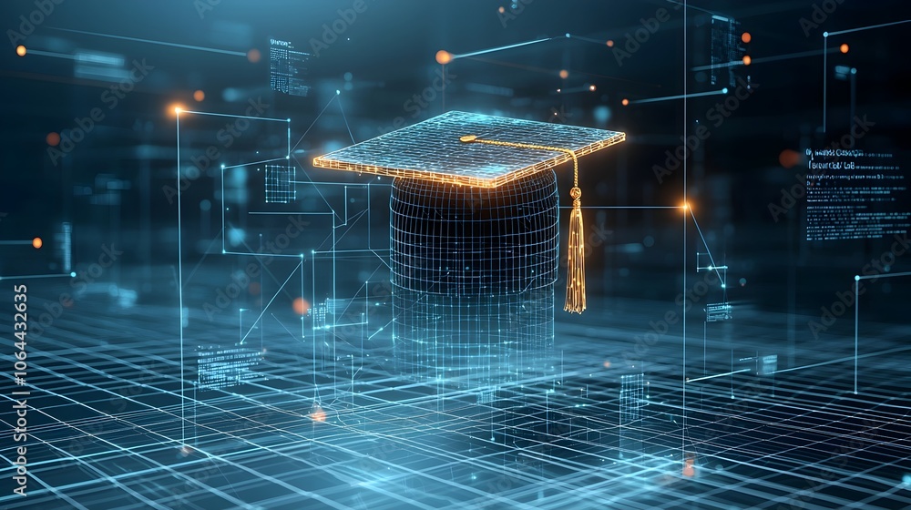 Aufkleber Abstract digital art of a glowing graduation cap made of lines and dots floating over a network grid representing the concept of education and academic achievement on a dark blue background
