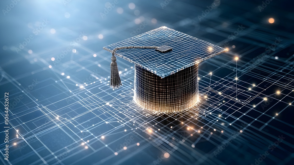 Poster Abstract digital art of a glowing graduation cap made of lines and dots floating over a network grid representing the concept of education and technology on a dark blue background