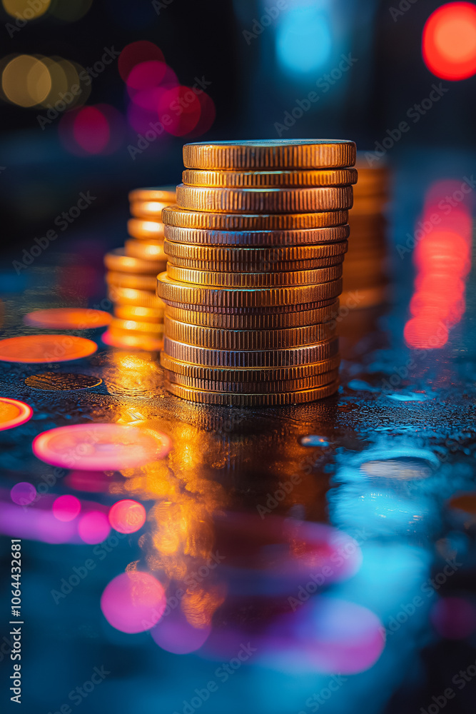 Poster a stack of gold coins on a table with a blurry background. the coins are shiny and reflect light, cr