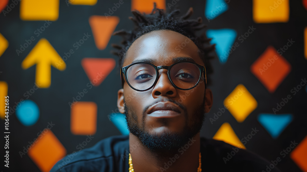 Poster a man with glasses and a beard is looking at the camera. the background has a colorful pattern of sq