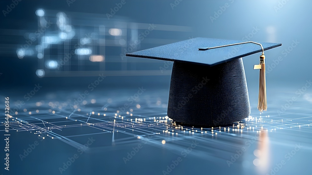 Aufkleber Futuristic graduation cap constructed from light lines and digital points hovering above a futuristic network grid