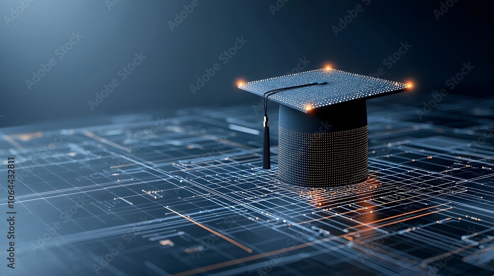 Poster Abstract image of a graduation cap outlined with illuminated dots and lines suspended over a dark blue technological grid symbolizing the future shaping potential of education and innovation