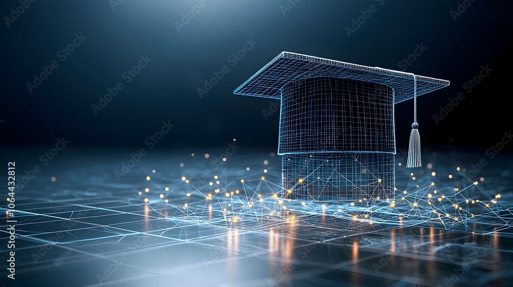 Aufkleber 3D render of a graduation cap made from bright geometric lines and nodes floating over a connected digital grid