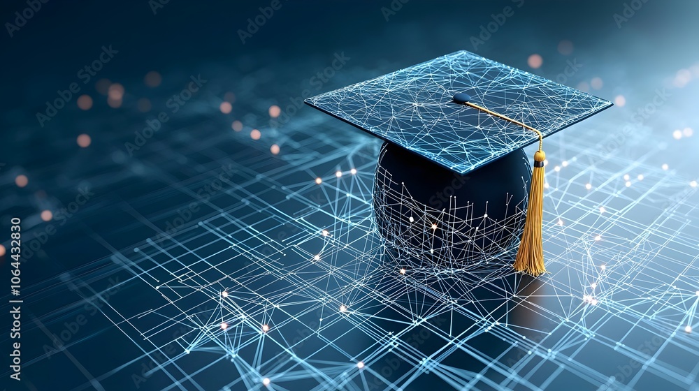 Aufkleber depiction of a luminous graduation cap made from bright lines and nodes floating over a connected grid highlighting the educational potential and futuristic innovation on a dark blue background